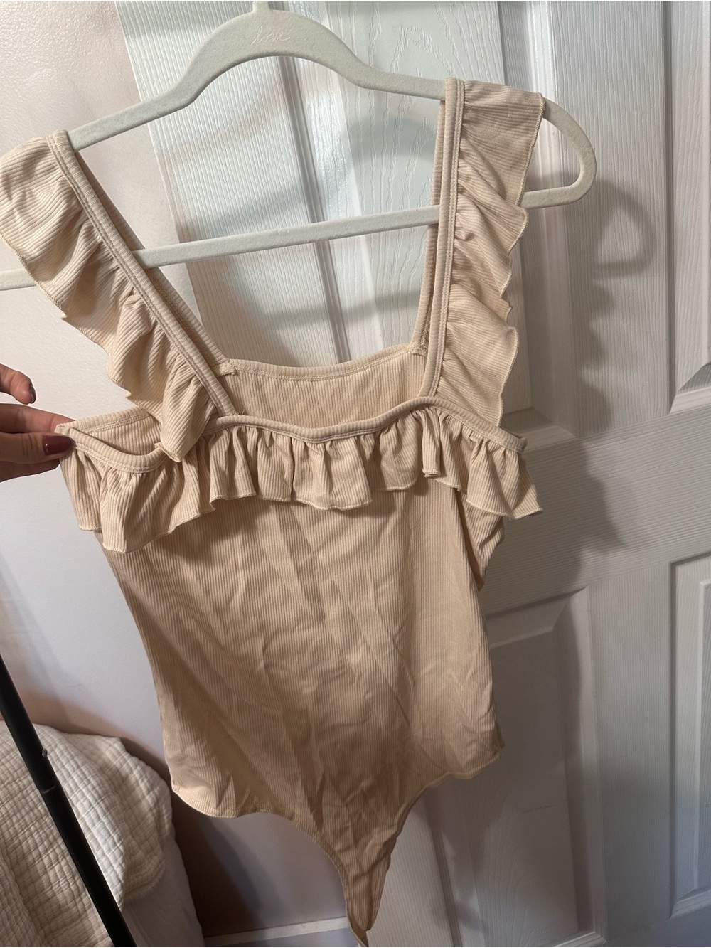 Amazon Beige Ruffled Square-Neck Bodysuit - Picture 3 of 4